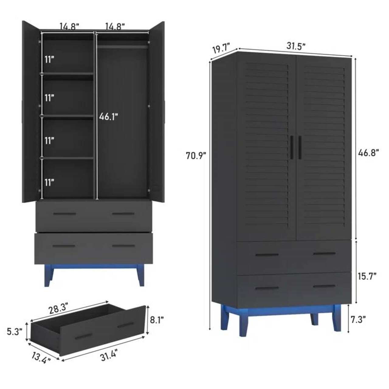 Matte Black Pine Wood Wardrobe with Adjustable Shelves and LED Lighting Drawers and Louver Doors